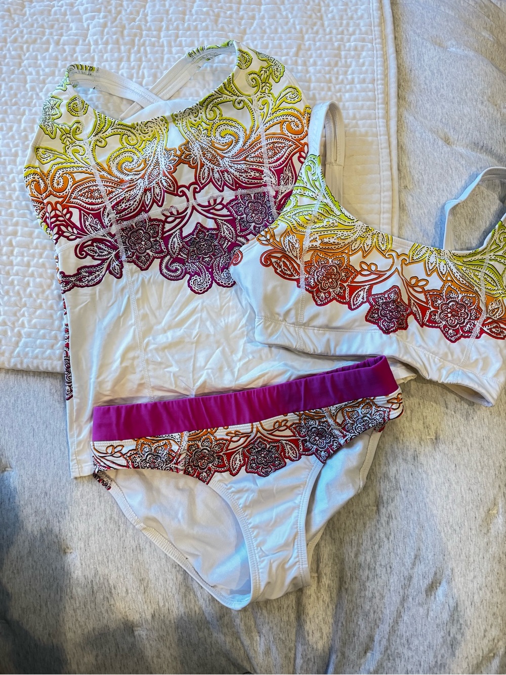 Athleta White Multicolor Paisley Tankini Set with Purple Accents